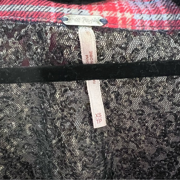 Free Peopke Plaid Flannel Red/Blue & Gold Sequined Button Down Shirt - Picture 6 of 7